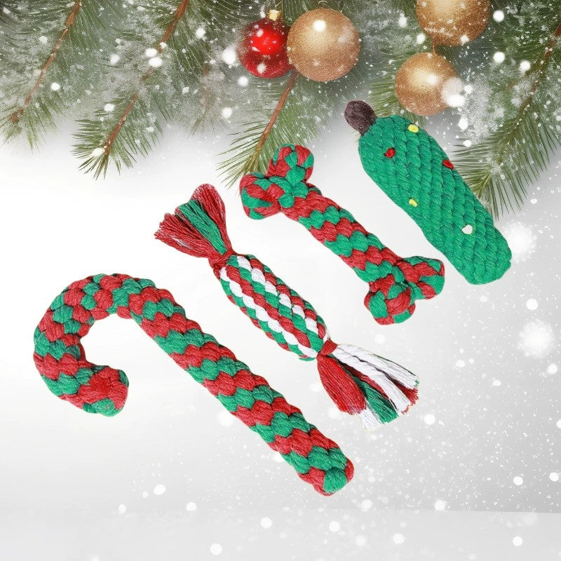 4 Pack Christmas Dog Bite Resistant Chew Candy Cane Toy Rope Interactive Tug Toy ﻿