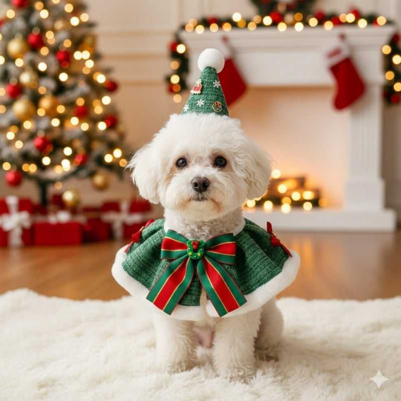 Pet Costume Set Santa Hat and Cloak for Cats Small Dogs Pet Christmas Outfit