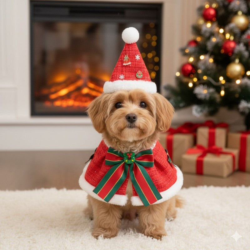 Pet Costume Set Santa Hat and Cloak for Cats Small Dogs Pet Christmas Outfit