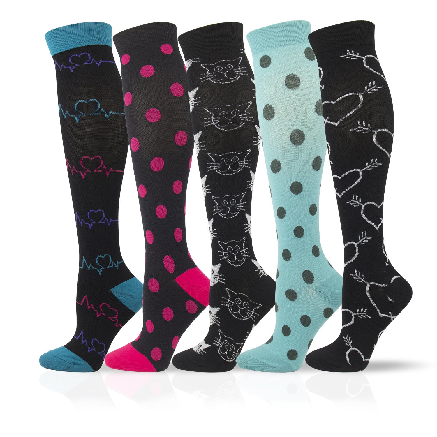 5 Pairs Knee-High Compression Socks Dot Heart Cat Pattern Sports Stockings