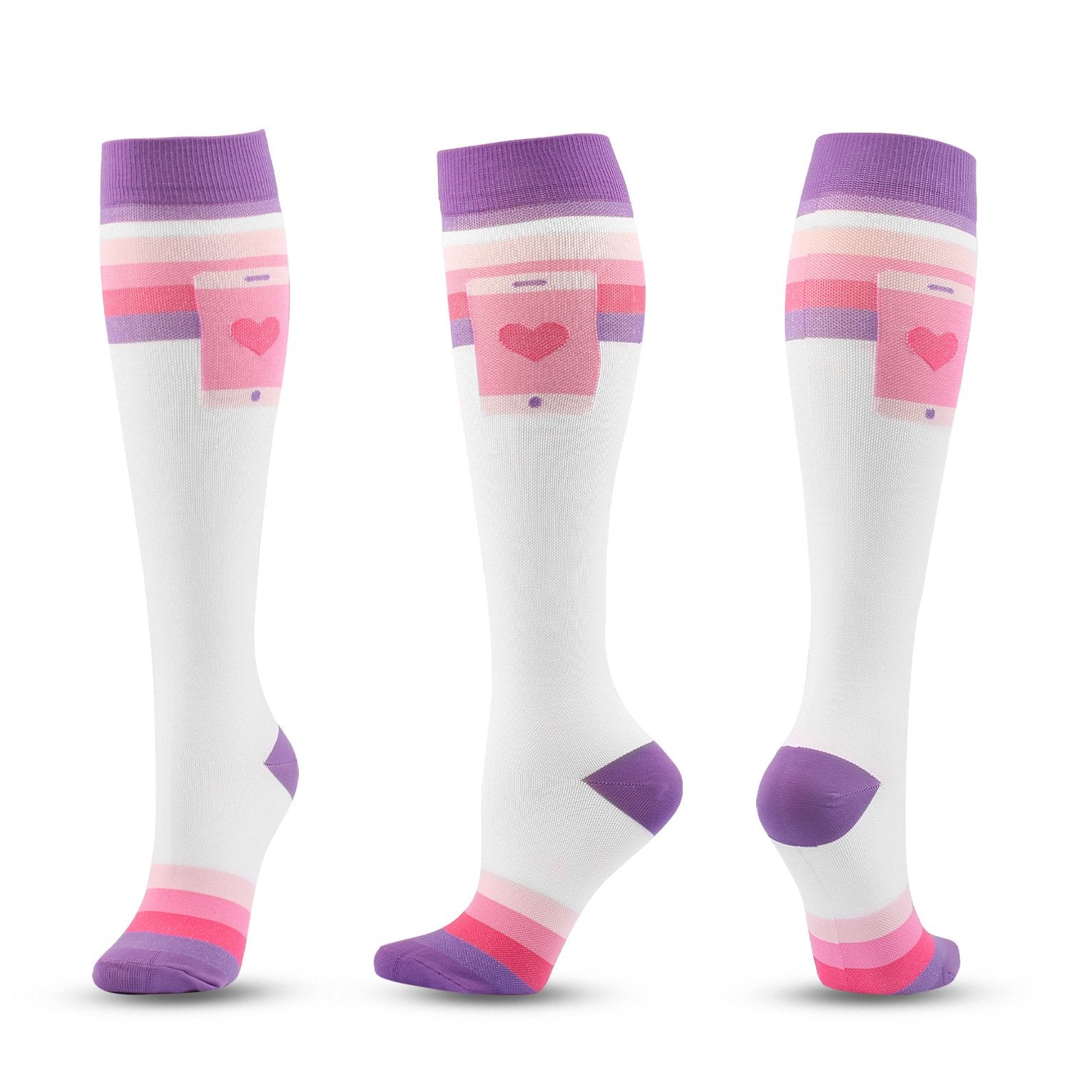 Knee-High Compression Socks Heart Pattern Sports Nylon Color Stockings