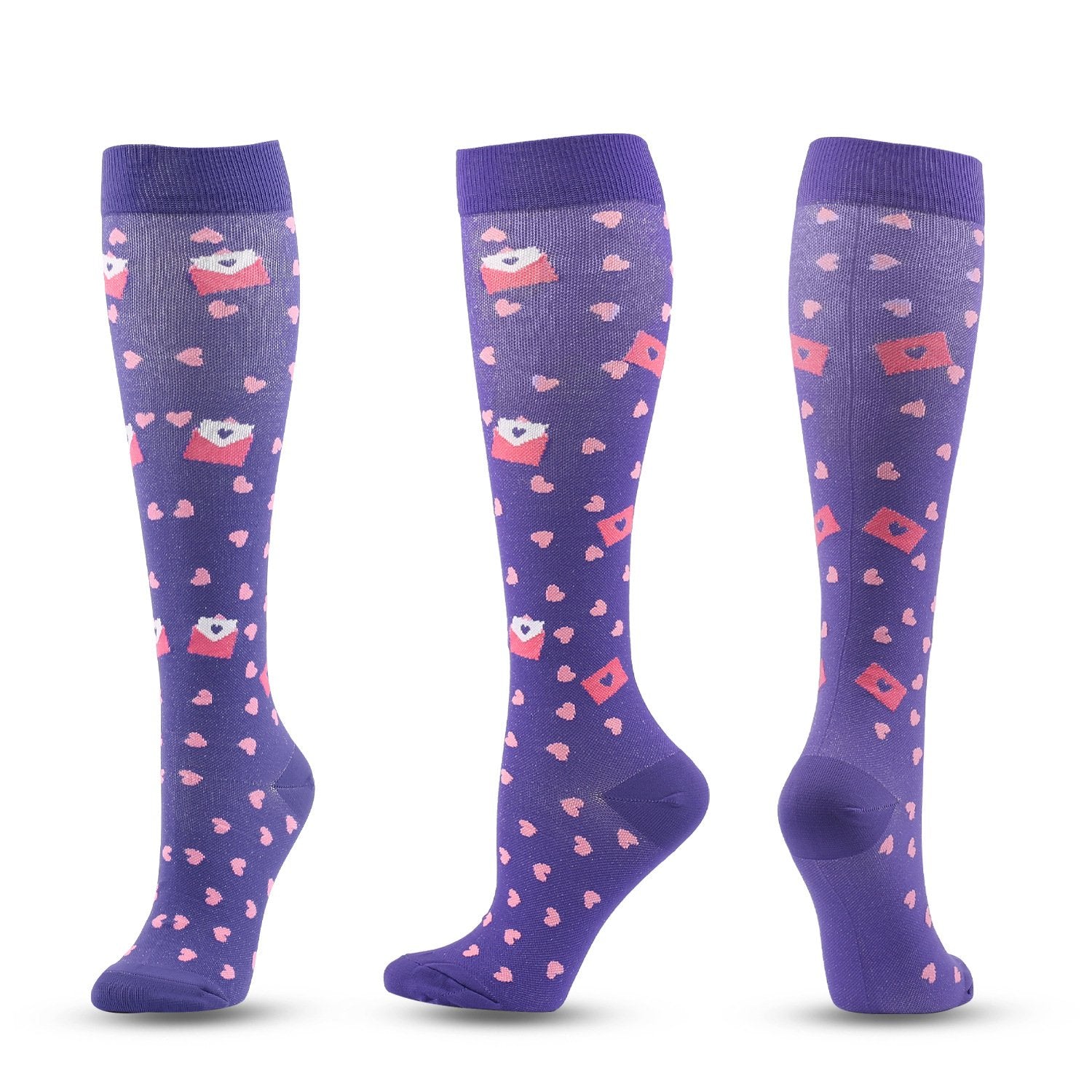 Knee-High Compression Socks Heart Pattern Sports Nylon Color Stockings