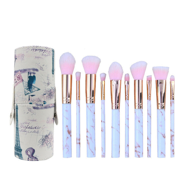 10pcs Premium Marble Texture Synthetic Hair Makeup Brushes Set with Case