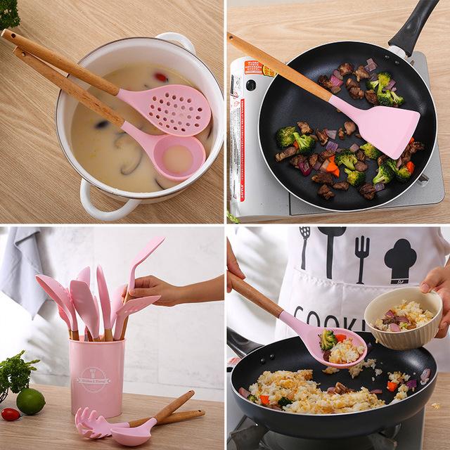 12pcs Wooden Handles Silicone Cookware Utensils Set