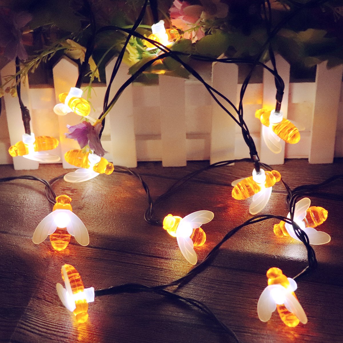 30 LED Honey Bee Fairy String Lights Solar Powered Waterproof Decor