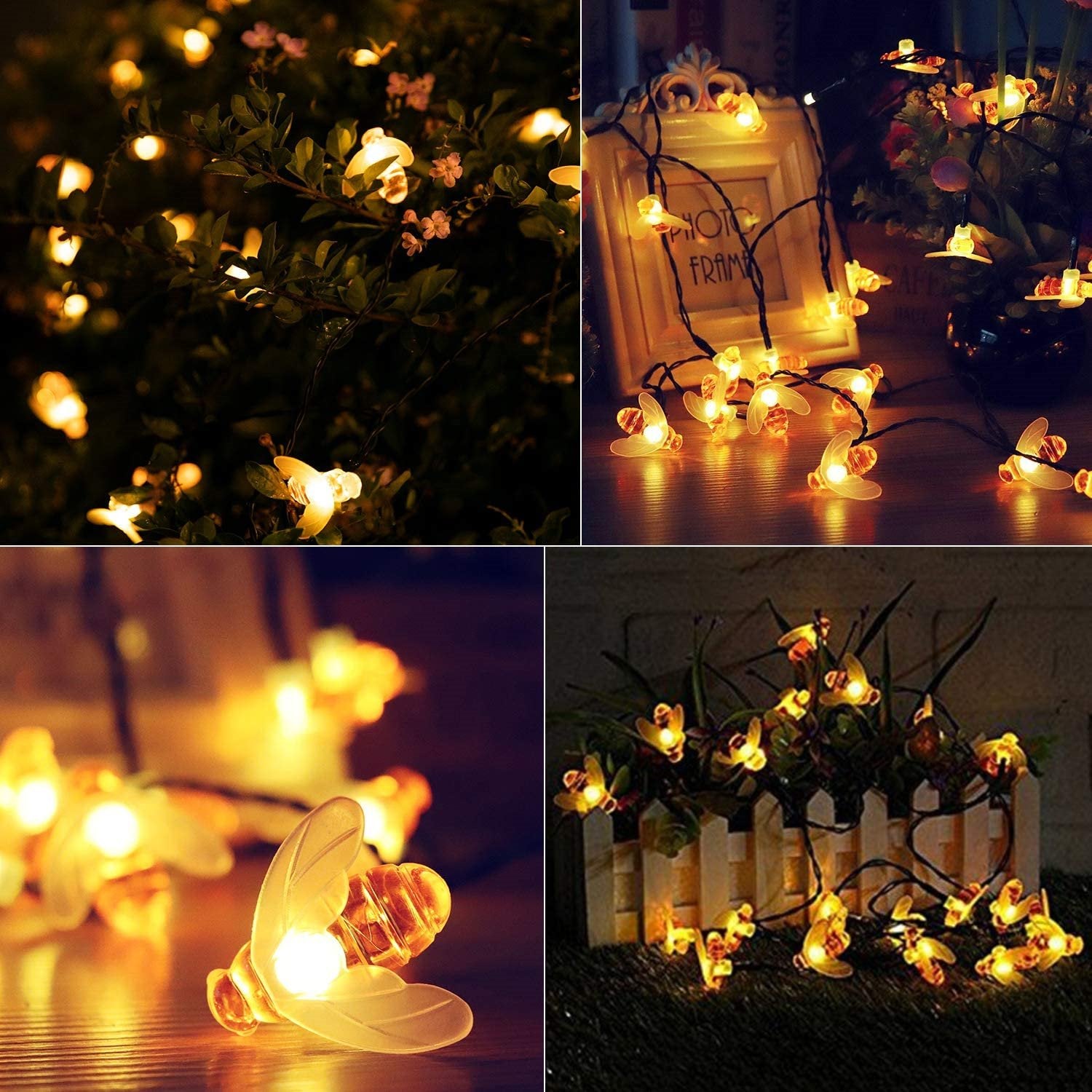 20 LED Honey Bee Fairy String Lights Solar Powered Waterproof Decor