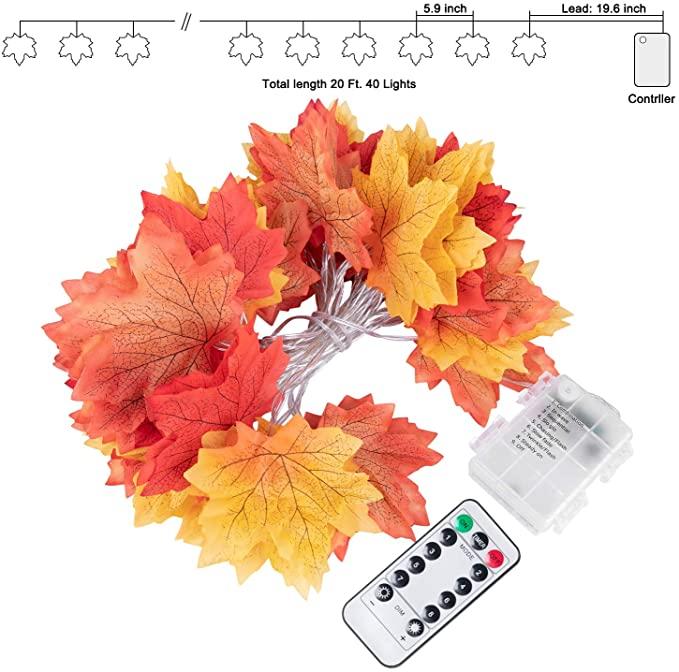 20 LED Maple Leaf String Lights with Remote Control 8 Modes for Thanksgiving Christmas