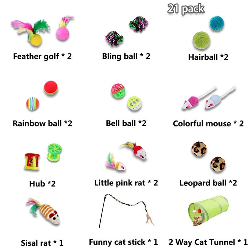 21pcs Cat Rod Mouse Feathers Balls Pet Play Toys