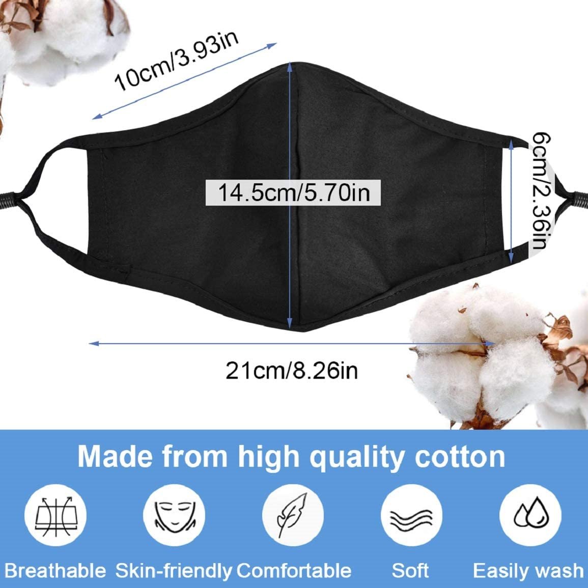 2 Pack Cotton Anti-Dust Mouth Cover with 4pcs PM2.5 Carbon Filters