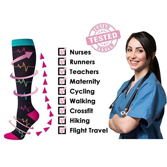 6 Pairs Knee-High Compression Socks Medical Pattern Sports Stockings