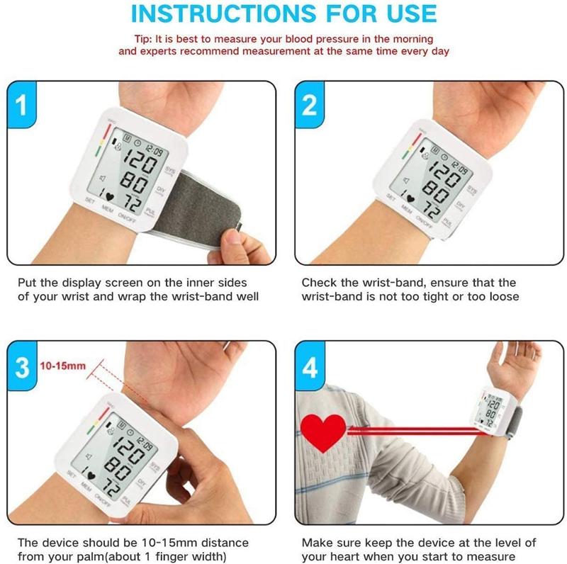 Blood Pressure Monitor Large LCD Display Adjustable Wrist Cuff