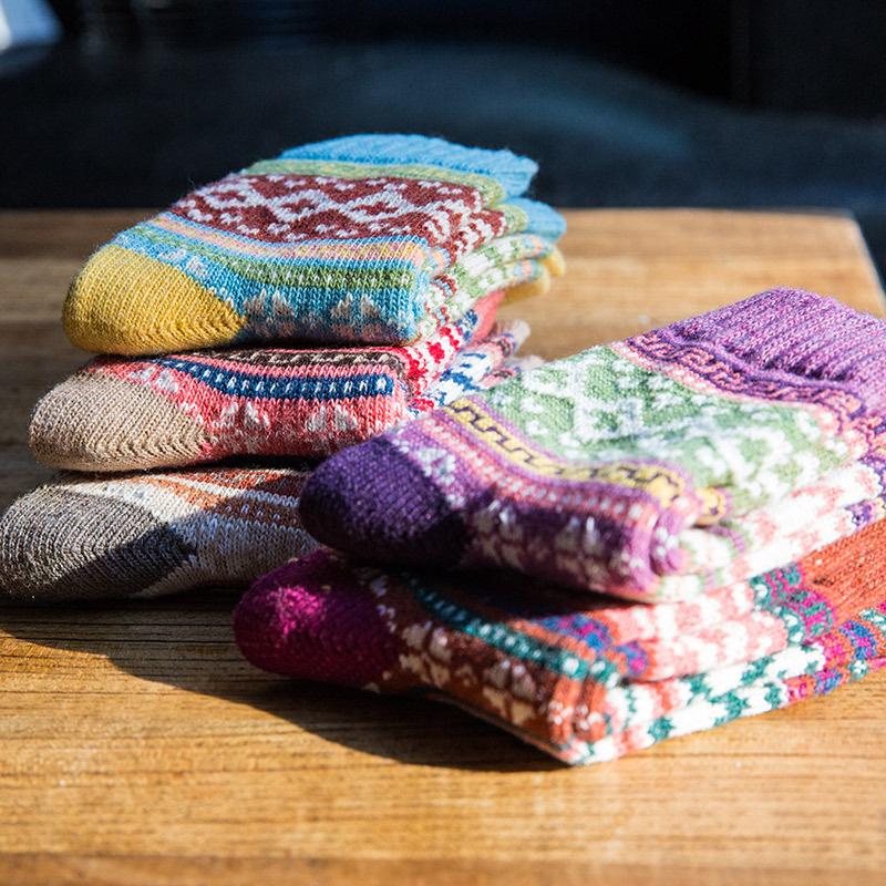 5 Pairs Bohemian Ethnic Warm Socks - High Elastic Multicolour Premium Wool Blend