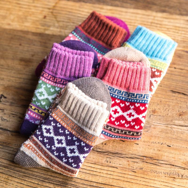 5 Pairs Bohemian Ethnic Warm Socks - High Elastic Multicolour Premium Wool Blend