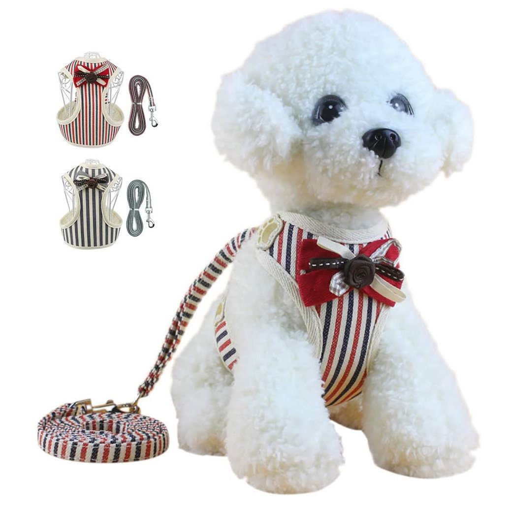 Breathable Soft Dog Cat Striped Bowite Harness and Leash