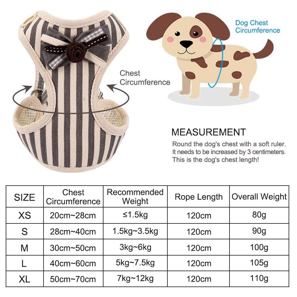 Breathable Soft Dog Cat Striped Bowite Harness and Leash