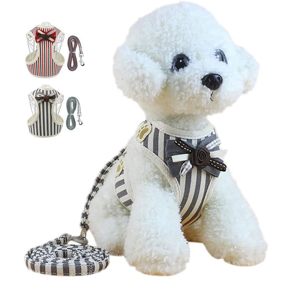 Breathable Soft Dog Cat Striped Bowite Harness and Leash