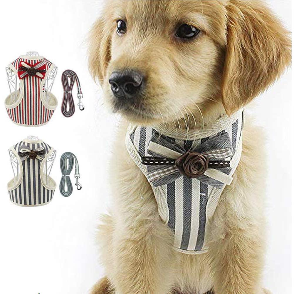 Breathable Soft Dog Cat Striped Bowite Harness and Leash