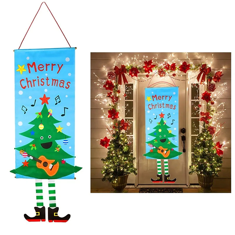 Merry Christmas Window Sign Banners Door Porch Fabric Flag Decor 115x40cm