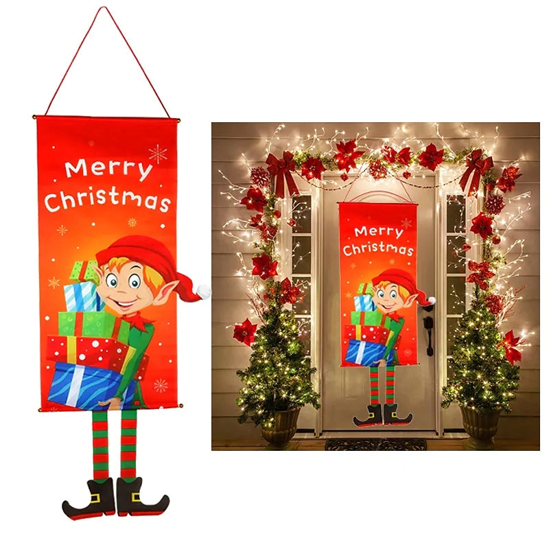 Merry Christmas Window Sign Banners Door Porch Fabric Flag Decor 115x40cm