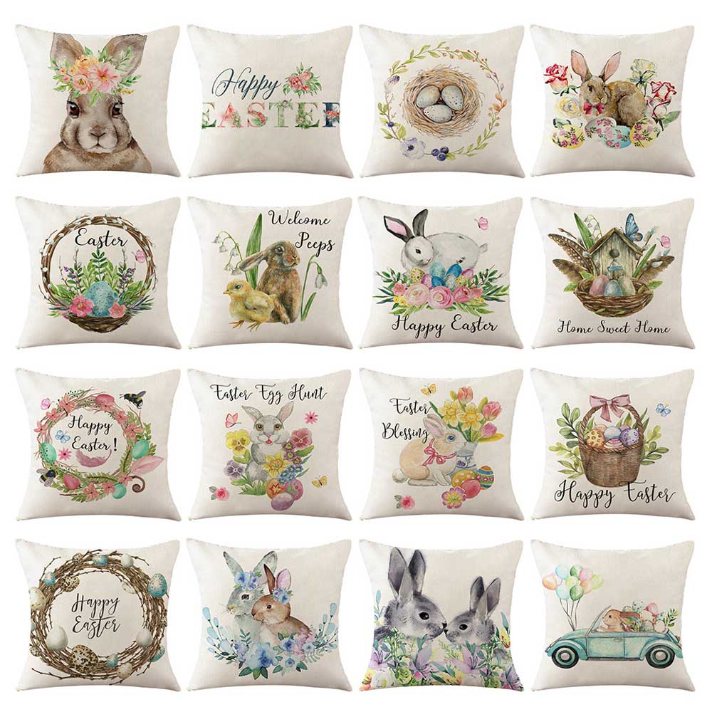 2pcs Easter Linen Pillow Cover with Rabbit Bunnies Flower Egg Patterns