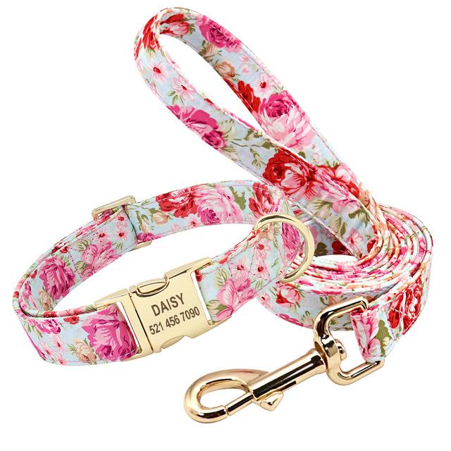 Floral Print Personalized Dog Tag Collar Leash Free Engrave Nameplate