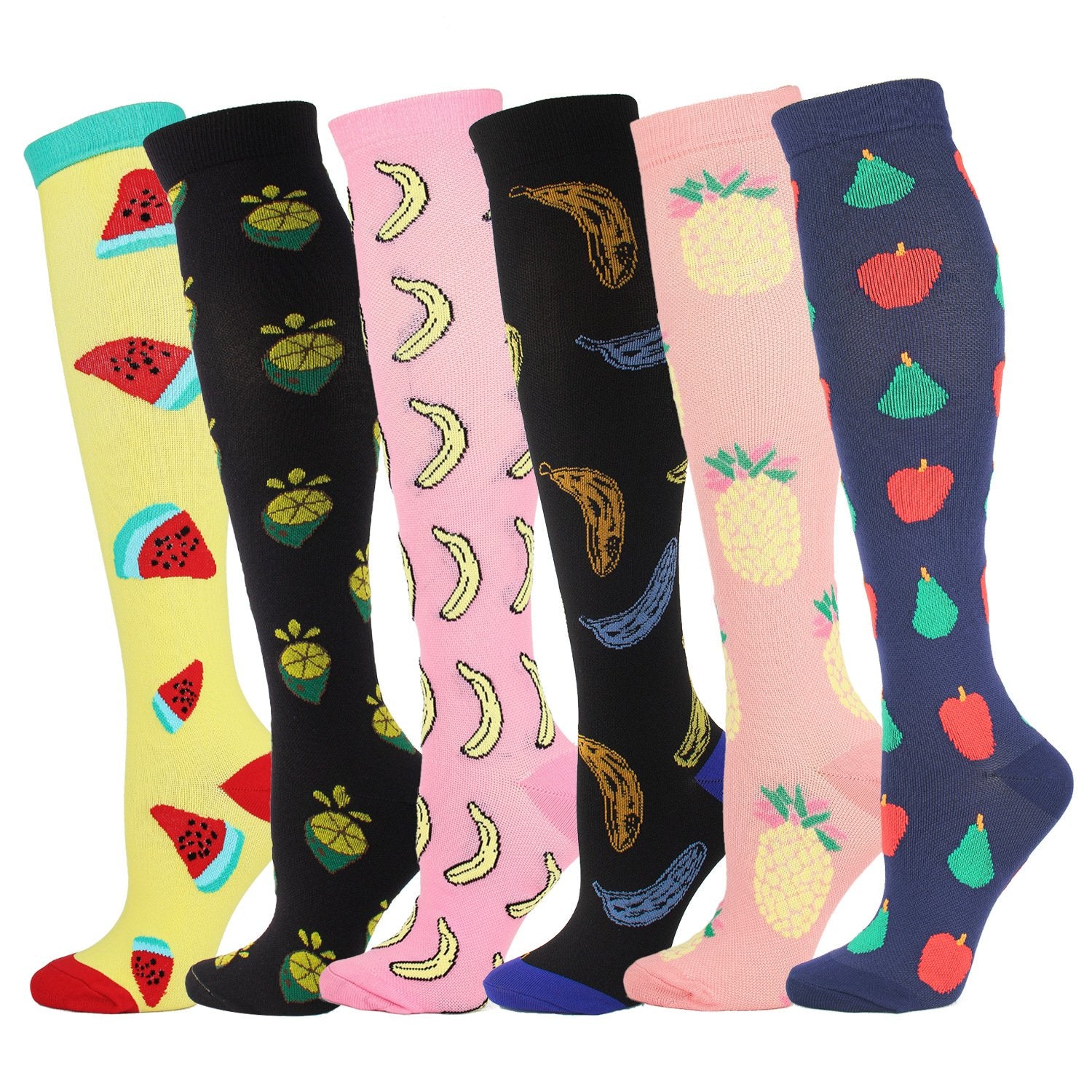 6 Pairs Knee-High Compression Socks Fruit Pattern Sports Stockings