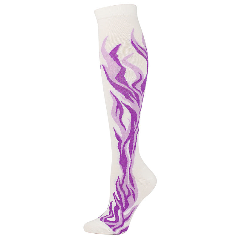 Knee-High Compression Socks Flame Pattern Sports Nylon Stockings for Women & Men