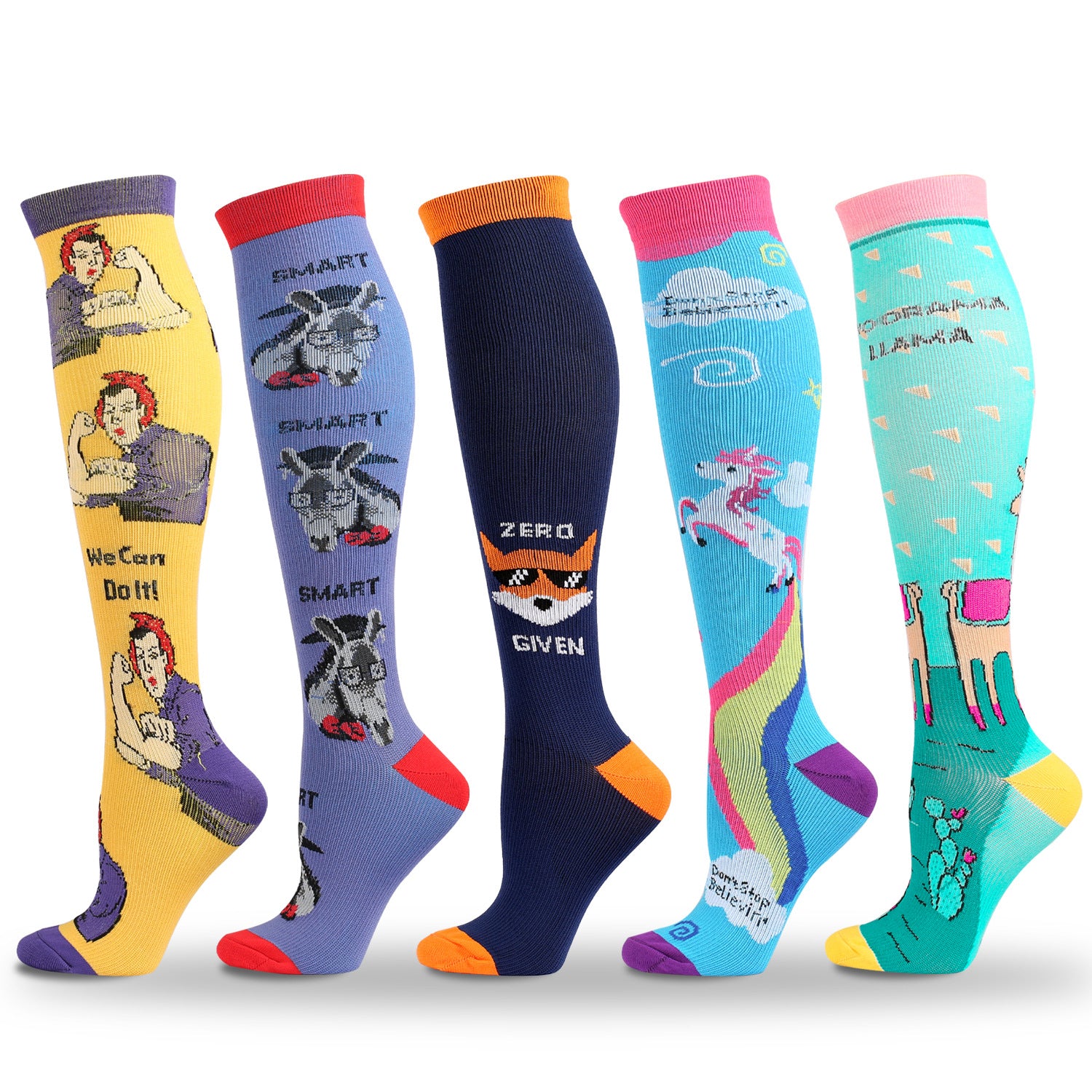 5 Pairs Knee-High Compression Socks Animal Cartoon Pattern Sports Stockings