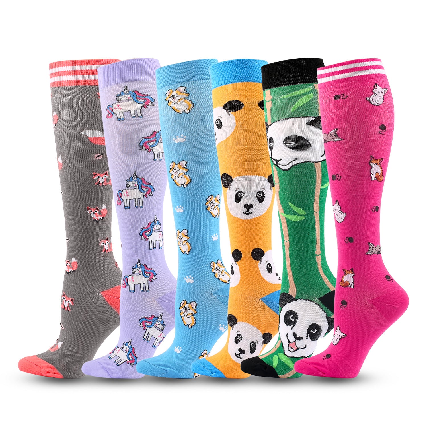 6 Pairs Knee-High Compression Socks Animal Cartoon Pattern Sports Stockings