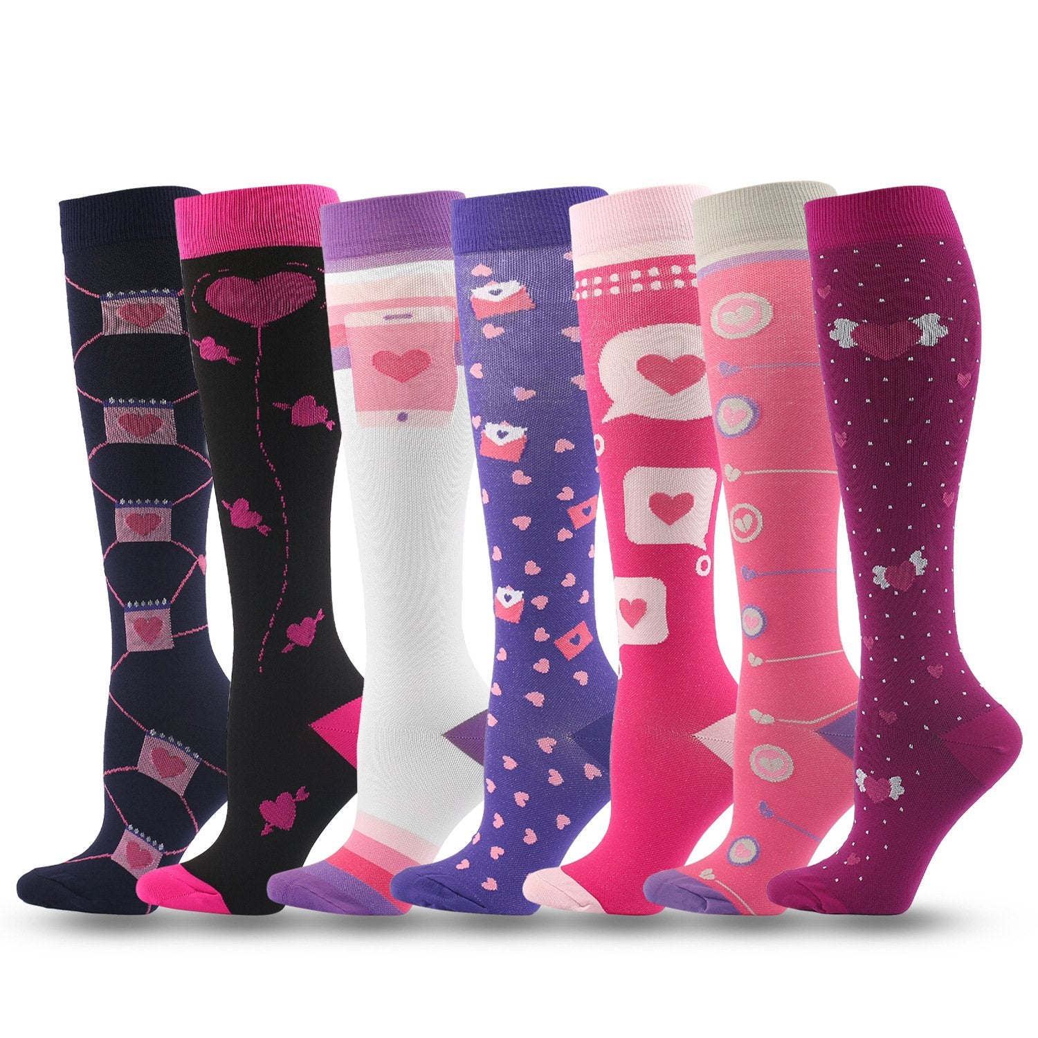 Knee-High Compression Socks Heart Pattern Sports Nylon Color Stockings