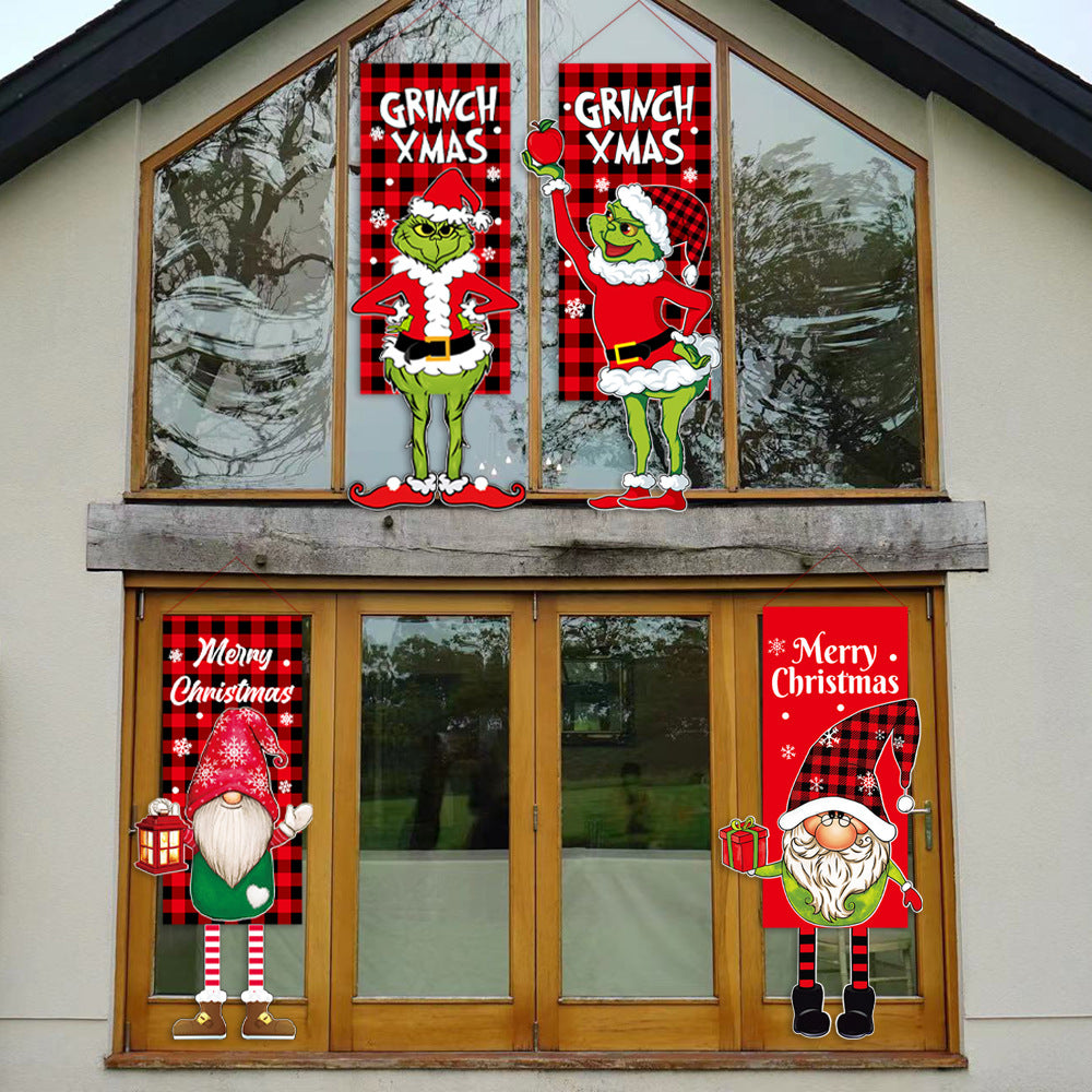 Merry Christmas Window Sign Banners Grinch Hanging Feet Doll Hanging Flag