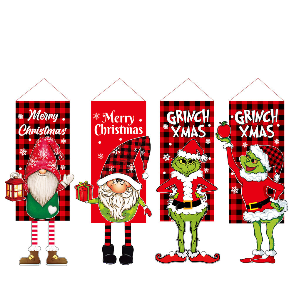 Merry Christmas Window Sign Banners Grinch Hanging Feet Doll Hanging Flag