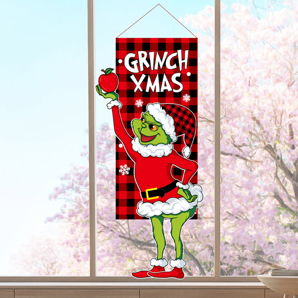 Merry Christmas Window Sign Banners Grinch Hanging Feet Doll Hanging Flag