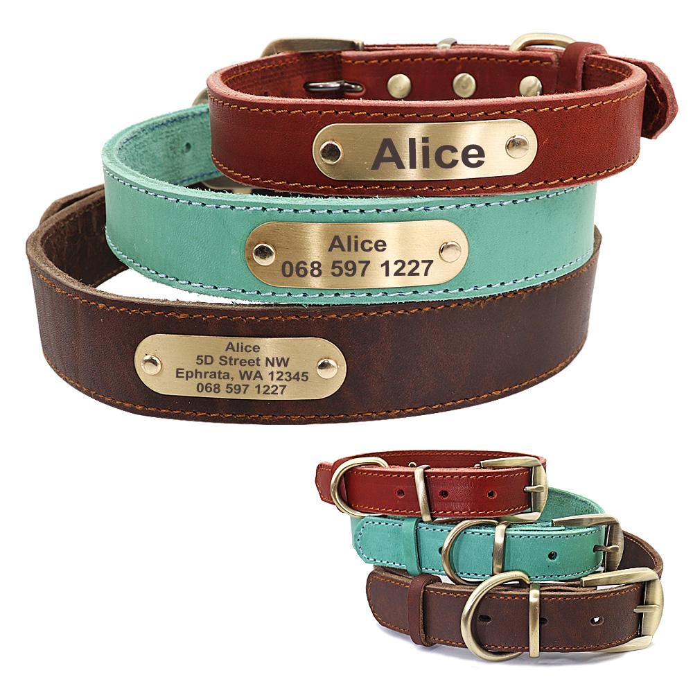 Genuine Leather Personalized ID Dog Collars Free Engrave Nameplate