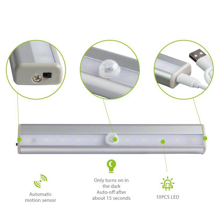 Rechargeable Motion Sensor 10-LED Night Lights for Closet Stairs Bathroom Steps