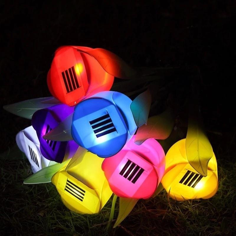 2pcs Solar Powered Tulip Flower Garden Night Lights LED Patio Stake Lamp