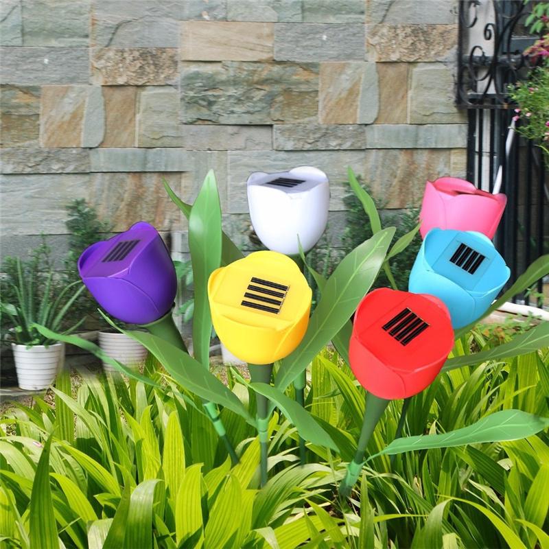 2pcs Solar Powered Tulip Flower Garden Night Lights LED Patio Stake Lamp