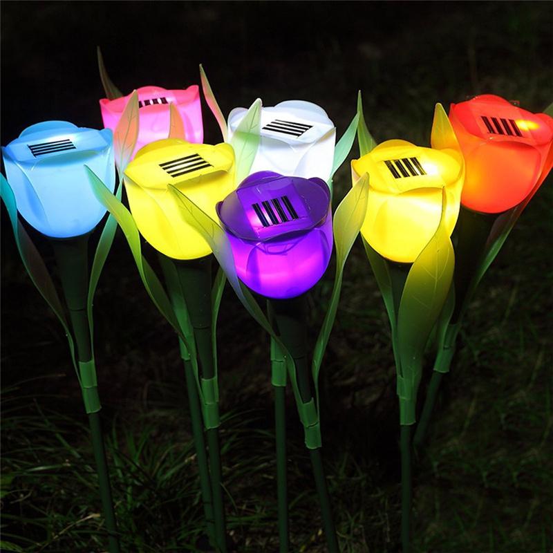 2pcs Solar Powered Tulip Flower Garden Night Lights LED Patio Stake Lamp