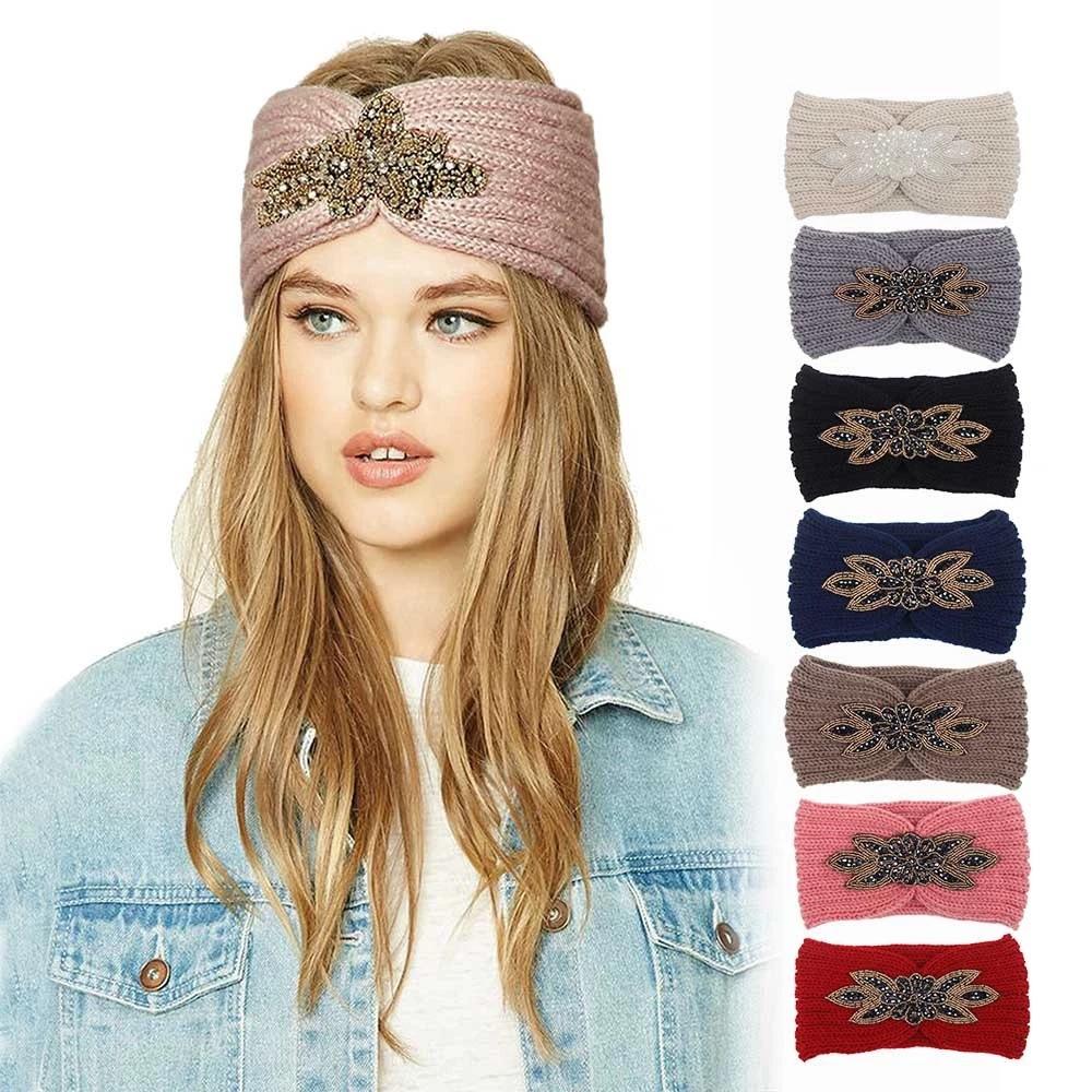 Women Knitted Headbands Sequin Flower Crochet Head Wrap