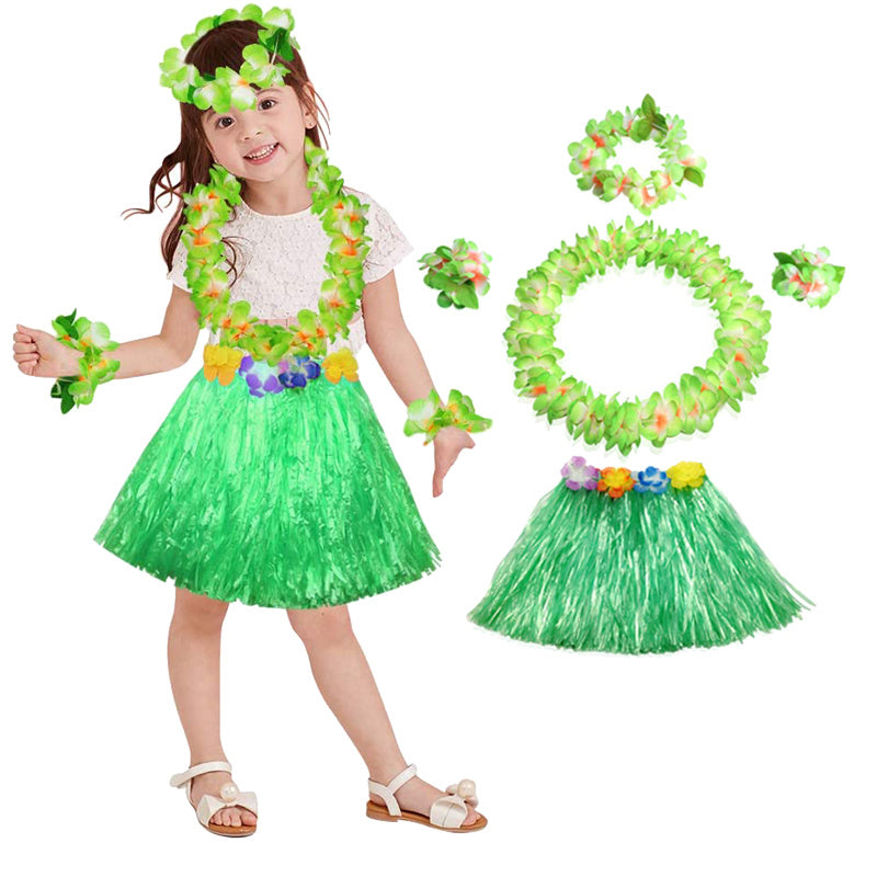 Complete Blue Hawaiian Set - Grass Skirt Flower Hula Lei Garland Dress  Costume