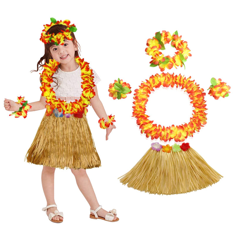 Hawaiian Grass Skirt Flower Hula Lei Garland Fancy Dress Costume