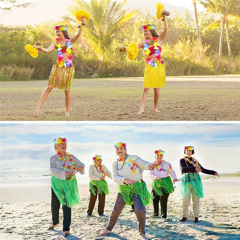 Hawaiian Grass Skirt Flower Hula Lei Garland Fancy Dress Costume