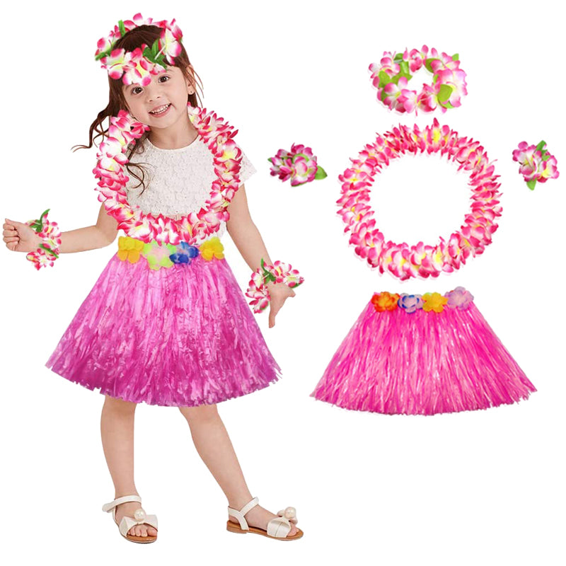 Hawaiian Grass Skirt Flower Hula Lei Garland Fancy Dress Costume