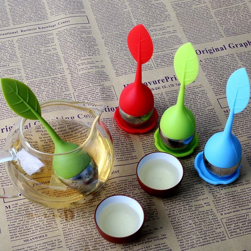 2pcs Ball Silicone Tea Infuser Strainer with Drip Tray Handle Steel Leaf Lid