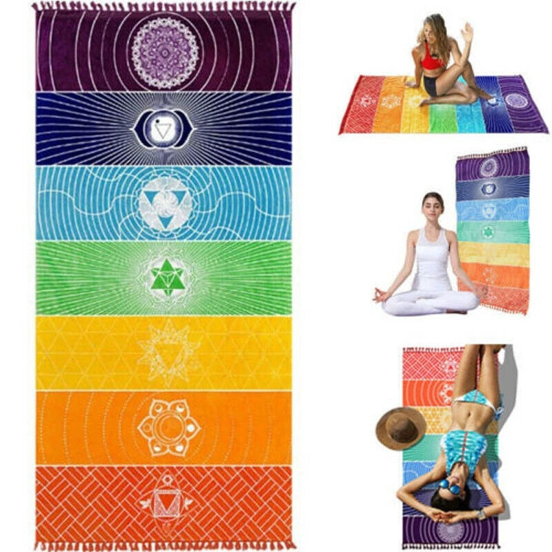 Rainbow Chakra Tapestry Sport Beach Yoga Mat Pad Shawl Tassel Towel Rug Carpet