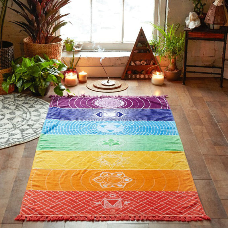 Rainbow Chakra Tapestry Sport Beach Yoga Mat Pad Shawl Tassel Towel Rug Carpet